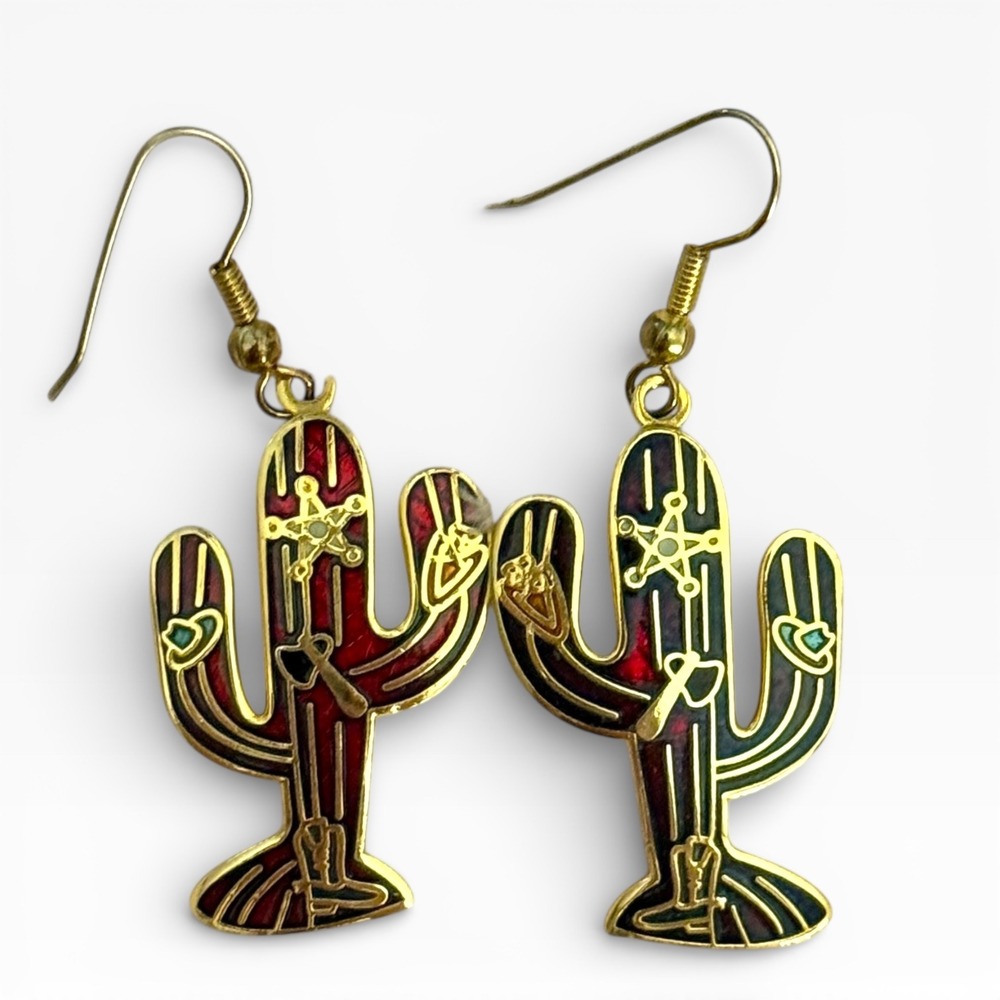 Vintage Cloisonné YUAN Enamel‎ Cactus Dangle Earrings Southwestern Desert Motif